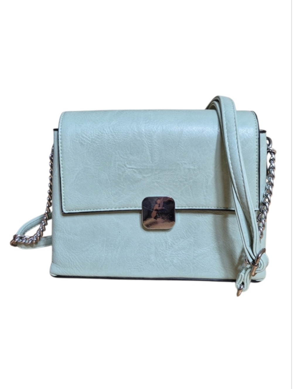 Small Mint Green Flap Crossbody Bag with Silver Chain Detail & Adjustable Strap